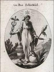 Alegoría del destino. Una estrella sobre ella muestra los efectos de la astrología en los acontecimientos de la vida humana. Sostiene con una mano un símbolo caduco de su poder y con la otra un símbolo de espadaña y un huso cuyo hilo roto indica la