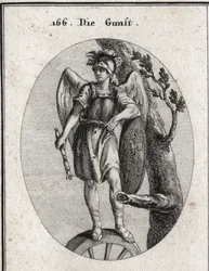 Alegoría del favor derivado de la virtud simbolizado por la armadura y las alas, de la fortuna representada por la rueda y el azar representado por el escudo en el que se ilustra la aventura de Arion. El cetro cae hacia la tierra como signo de los reyes de
