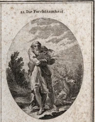 Alegoría del miedo en la figura de un anciano con alas en los pies propicias para escapar. Sus atributos son la liebre y el ciervo. Grabado en “Iconologie oder Ideen aus dem Gebiete der Leidenschaften und Allegorien bildich dargestellt fur Zeichner, Mahler