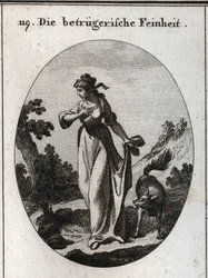 Alegoría de la astucia que tiende a engañar. Se la representa con una mano en el pecho y otra detrás sosteniendo un zorro, símbolo del engaño. Grabado en “Iconologie oder Ideen aus dem Gebiete der Leidenschaften und Allegorien bildich dargestellt”