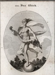 Alegoría de la fortuna representada con una venda en los ojos para mostrar que es ciega a sus dones. Ella sostiene un cuerno de la abundancia de cetros, coronas, joyas y monedas. Está colocada sobre una bola que gira rápidamente. Grabado en “Iconologie ode