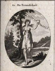 Alegoría de la amistad. Las flores de mirto y granada en su corona son símbolos de amor y armonía. Muestra un corazón con esta inscripción: “Longe et prope” (De lejos y cerca). En la parte inferior de su vestido está escrito “Bitches et vita” (Muerte y Vid