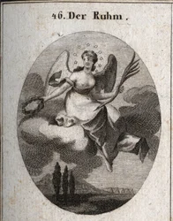 Alegoría de la gloria en una nube. Ella sostiene una palma y presenta coronas de laurel con las que recompensa a sus favoritos. Sus alas marcan su elevación. Grabado en “Iconologie oder Ideen aus dem Gebiete der Leidenschaften und Allegorien bildich darges