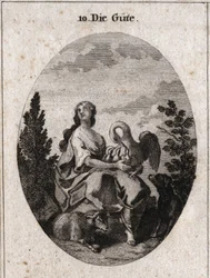 Alegoría de la bondad representada por una belleza noble y abundante mirando al cielo con amor. El pelícano simboliza la caridad, el perro la fidelidad y el cordero, la dulzura. Grabado en “Iconologie oder Ideen aus dem Gebiete der Leidenschaften und Alleg