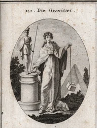 Alegoría de la gravedad. La cadena de oro a la que está unido un papel simboliza la confianza. La columna y la estatua significan la conservación de acciones gloriosas y la piedra denota la ponderación. Grabado en “Iconologie oder Ideen aus dem Gebiete der