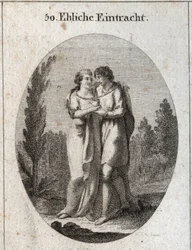 Alegoría de la armonía en el matrimonio. Una pareja se besa, una cadena de oro cuelga alrededor de su cuello y un corazón que sostienen cada uno con una mano. Grabado en 