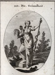 Alegoría de la salud representada por una mujer fuerte que sostiene un gallo, animal consagrado a Esculapio, dios de la medicina. Sostiene un bastón alrededor del cual se enrosca una serpiente, animal que muda la piel y menos propenso a las enfermedades.
