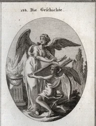 Alegoría de la historia. Sus acciones de escuchar y escribir en un gran libro sostenido por el tiempo significan la acción de informarse para retranscribir la memoria de cosas pasadas. Grabado en “Iconologie oder Ideen aus dem Gebiete der Leidenschaften un