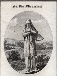 Alegoría de la honestidad. Sus ojos están cubiertos por un velo que oculta la mitad de su rostro porque los ojos son el espejo del alma y el primer sentido por el cual se corrompe. Grabado en “Iconologie oder Ideen aus dem Gebiete der Leidenschaften und Al