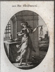 Alegoría de la hipocresía sosteniendo un libro de oraciones y disciplina (rápido, látigo). La trompeta que lleva en el hombro marca que publica sus buenas obras con énfasis. Grabado en "Iconologie oder Ideen aus dem Gebiete der Leidenschaften und Allegorie