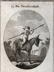 Alegoría de la ignorancia representada por un niño montado en un burro, sus ojos vendados con una caña (simbolizando el cerebro vacío). Grabado en "Iconologie oder Ideen aus dem Gebiete der Leidenschaften und Allegorien bildich dargestellt fur Zeichner, Ma