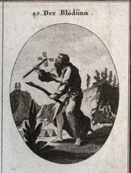 Alegoría de la imbecilidad o demencia representada por un anciano con una caña, atributo de fragilidad y vejez. Sostiene un molino de cartas que sopla para hacerlo girar. Grabado en “Iconologie oder Ideen aus dem Gebiete der Leidenschaften und Allegorien b