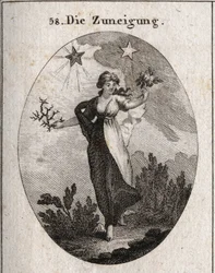 Alegoría de la inclinación. Sostiene un ramo de rosas y un ramo de espinas y se muestra indecisa en su elección. Tras ella hay una estrella brillante y benéfica, la de Júpiter, y una estrella oscura y dañina, la de Saturno. Grabado en «Iconologie oder