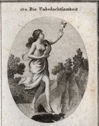 Alegoría de la inconsideración. Ella camina mirando una mariposa sin ver que hay un precipicio a sus pies. El compás y las reglas muestran que no guarda ni conoce ninguna medida. Grabado en "Iconologie oder Ideen aus dem Gebiete der Leidenschaften und Alle