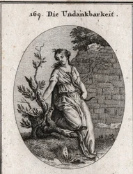 Alegoría de la ingratitud. Una mujer que calienta una serpiente en su seno es mordida. La rama de hiedra es el símbolo de la ingratitud, pues destruye aquello que le sirve de apoyo para elevarse. Grabado en «Iconologie oder Ideen aus dem Gebiete der