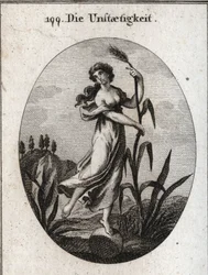 Alegoría de la inestabilidad agitada por el viento. Se apoya con ambas manos en una caña frágil y solo coloca un pie sobre una bola. Grabado en "Iconologie oder Ideen aus dem Gebiete der Leidenschaften und Allegorien bildich dargestellt fur Zeichner, Mahle