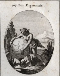 Alegoría del interés con piel de lobo. Está apretando un globo. Este emblema significa que la avaricia es propia de las personas interesadas. Grabado en "Iconologie oder Ideen aus dem Gebiete der Leidenschaften und Allegorien bildich dargestellt fur Zeichn