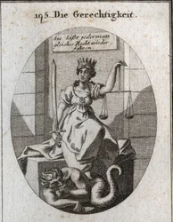 Alegoría de la justicia. Sus atributos son la balanza y la espada. Ella se sienta en una sala de audiencias y lleva una corona dorada en su cabeza. Bajo sus pies, el fraude preocupado por ser descubierto se muerde los puños. Grabado en “Iconologie oder Ide