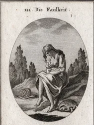 Alegoría de la pereza. Ella sostiene sus brazos cruzados. Su atributo es una tortuga y una babosa. Grabado en “Iconologie oder Ideen aus dem Gebiete der Leidenschaften und Allegorien bildich dargestellt fur Zeichner, Mahler, Dichter, Gelehrte, Erzieher und
