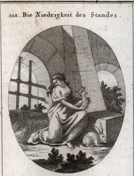 Alegoría de la bajeza (o abyección). Sus atributos son la abubilla que se alimenta de excrementos y el conejo que es un animal tímido. Grabado en “Iconologie oder Ideen aus dem Gebiete der Leidenschaften und Allegorien bildich dargestellt fur Zeichner, Mah