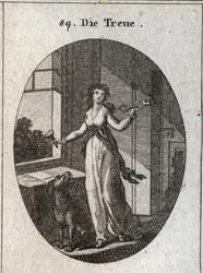 Alegoría de la lealtad cuyos símbolos son la llave, el sello y el perro. Grabado en "Iconologie oder Ideen aus dem Gebiete der Leidenschaften und Allegorien bildich dargestellt fur Zeichner, Mahler, Dichter, Gelehrte, Erzieher und freunde Hoherer Geschmack