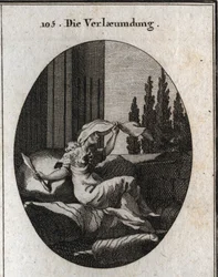 Alegoría de la calumnia representada por una anciana ociosa y suave sentada en cojines. El velo indica que se está escondiendo, su lengua es bífida y sostiene un cuchillo de doble filo. Su pequeño abrigo está hecho de piel de erizo adornada con puntas de h