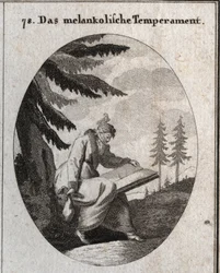 Alegoría del temperamento melancólico. Él sostiene un libro y una bolsa y su boca está cerrada con una venda. Un pájaro se sienta en su cabeza. Grabado en "Iconologie oder Ideen aus dem Gebiete der Leidenschaften und Allegorien bildich dargestellt fur Zeic