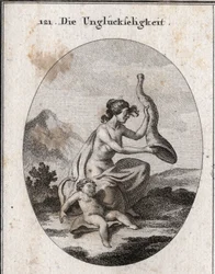 Alegoría de la desgracia representada escasa y extensa. Sus atributos son un cuerno de la abundancia que sacude y está vacío, y un niño muriendo de hambre. Grabado en “Iconologie oder Ideen aus dem Gebiete der Leidenschaften und Allegorien”