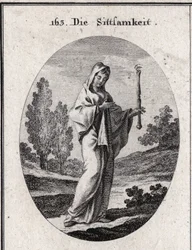 Alegoría de la modestia. Ella sostiene un cetro sobre el cual hay un ojo que significa que la modestia debe ser previsora consigo misma. Grabado en “Iconologie oder Ideen aus dem Gebiete der Leidenschaften und Allegorien bildich dargestellt fur Zeichner, M