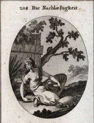 Alegoría de la negligencia. Ella sostiene un reloj con un reloj de arena volcado. La tortuga es el emblema de la lentitud. Grabado en “Iconologie oder Ideen aus dem Gebiete der Leidenschaften und Allegorien bildich dargestellt fur Zeichner, Mahler, Dichter