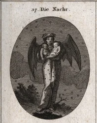 Alegoría de la noche representada con alas de murciélago. Sostiene a dos niños dormidos, uno blanco y el otro negro, el sueño y la pesadilla. Grabado en «Iconología o ideas del ámbito de las pasiones y alegorías representadas para dibujantes».