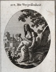 Alegoría del olvido. Ella sostiene una planta de mandrágora, poderoso narcótico. El lince es el animal dedicado a Baco. Grabado en "Iconologie oder Ideen aus dem Gebiete der Leidenschaften und Allegorien bildich dargestellt fur Zeichner, Mahler, Dichter, G