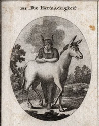 Alegoría de la obstinación apoyada en una mula. Las orejas de burro sobre su cabeza son el emblema de la ignorancia y la terquedad. El vapor alrededor de su cabeza significa que su inteligencia está oscurecida. Grabado en «Iconología o ideas del ámbito de