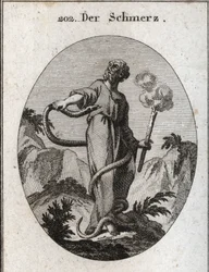 Alegoría del dolor. Una serpiente monstruosa rodea a quien, después de atar sus pies, sube por su cuerpo e intenta morder su corazón. Ella sostiene una antorcha que aún humea, lo que significa que el abatimiento inducido por el dolor apaga el fuego del alm