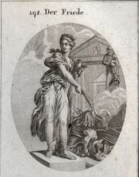 Alegoría de la paz. Ella lleva una corona de olivos y sostiene un garrote mientras quema con una antorcha un trofeo de armas. Detrás de ella, la estatua de Plutus significa que la abundancia y la riqueza son sus beneficios. Grabado en “Iconologie oder Idee