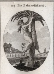 Alegoría de la perseverancia. La palmera, a la que una joven está atada, es el símbolo de la virtud. Ella mira la tierra con desdén. Grabado en 