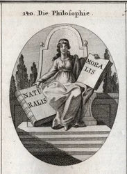 Alegoría de la filosofía sentada en un trono de mármol sobre varios escalones. Tiene un diadema dorado en la frente y sostiene dos libros abiertos “Naturalis” (Naturaleza) y “Moralis” (Moral). Grabado en “Iconologie oder Ideen aus dem Gebiete der Leidensch