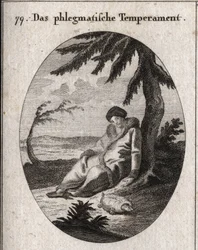 Alegoría del temperamento flemático. La tortuga es el atributo de su lentitud. Grabado en "Iconologie oder Ideen aus dem Gebiete der Leidenschaften und Allegorien"