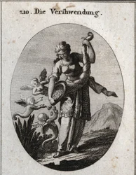 Alegoría de la prodigalidad representada con una venda en los ojos y agitando un cuerno de la abundancia de donde caen plata y joyas que las arpías toman con avidez. Grabado en 