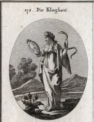 Alegoría de la prudencia, sus atributos habituales son el espejo y la serpiente. Tiene dos rostros, uno joven para la anticipación del futuro y otro viejo para la consideración del pasado. Grabado en «Iconologie oder Ideen aus dem Gebiete der Lei»