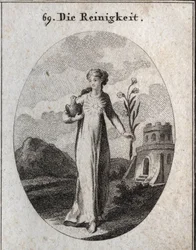 Alegoría de la pureza. Sus atributos son la paloma y el lirio, símbolos de candor. Grabado en “Iconologie oder Ideen aus dem Gebiete der Leidenschaften und Allegorien bildich dargestellt fur Zeichner, Mahler, Dichter, Gelehrte, Erzieher und freunde Hoher