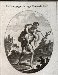 Alegoría de la amistad recíproca. Un ciego es guiado por la voz de un hombre mutilado sobre sus hombros. Grabado en “Iconologie oder Ideen aus dem Gebiete der Leidenschaften und Allegorien bildich dargestellt fur Zeichner, Mahler, Dichter, Gelehr”