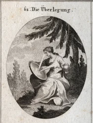 Alegoría de la reflexión. Un rayo de luz parte de su corazón, golpea el espejo en sus rodillas y refleja la luz en su frente. Grabado en “Iconologie oder Ideen aus dem Gebiete der Leidenschaften und Allegorien bildich dargestellt fur Zeichner, Mahler, Dich