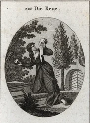Alegoría del arrepentimiento representada con una rodilla en una tumba. Sostiene con una mano un pañuelo y con la otra una piedra con la que golpea su pecho. Grabado en “Iconologie oder Ideen aus dem Gebiete der Leidenschaften und Allegorien bildich darges