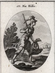 Alegoría del alivio representada en armadura con una espada. Ella lleva una bolsa y una cesta llena de comida para simbolizar el alivio en calamidades y hambrunas. Ella camina rápido. Grabado en “Iconologie oder Ideen aus dem Gebiete der Leidenschaften und