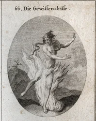 Alegoría del remordimiento rodeado de llamas ardientes con una serpiente que le roba el corazón. Grabado en "Iconologie oder Ideen aus dem Gebiete der Leidenschaften und Allegorien bildich dargestellt fur Zeichner, Mahler, Dichter, Gelehrte, Erzieher und f