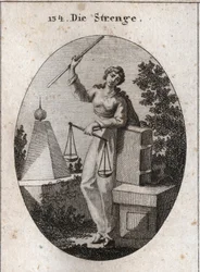 Alegoría de la rigurosidad representada bajo un aspecto feroz sosteniendo con la mano derecha una vara de hierro alto y apoyándose con la izquierda en el libro de las leyes. Tiene en la misma mano una balanza, una de las cuales prevalece sobre la otra. Gra