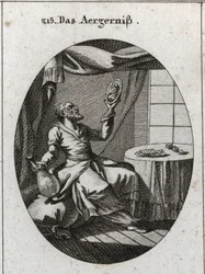 Alegoría del escándalo. Sostiene con una mano una botella y con la otra un retrato de una joven y cerca de una mesa sobre la que hay cartas y juegos. Grabado en "Iconologie oder Ideen aus dem Gebiete der Leidenschaften und Allegorien bildich dargestellt fu