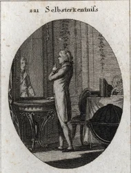 Alegoría del autoconocimiento. Un joven se enfrenta a un espejo. Grabado en "Iconologie oder Ideen aus dem Gebiete der Leidenschaften und Allegorien bildich dargestellt fur Zeichner, Mahler, Dichter, Gelehrte, Erzieher und freunde Hoherer Geschmacksbildung