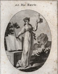 Alegoría de la severidad coronada con una rama de roble, atributo de la fuerza. Se apoya en un libro de leyes y sostiene una vara de hierro. El cubo en el que un puñal está ralentizando desea su cercanía y su inflexibilidad. Grabado en "Iconologie oder Ide